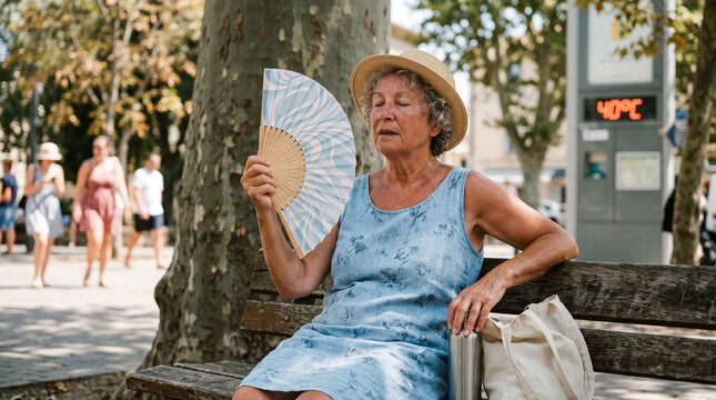 sweaty senior woman cooling herself with hand fan on bench during hot 40&deg;C summer heatwave
