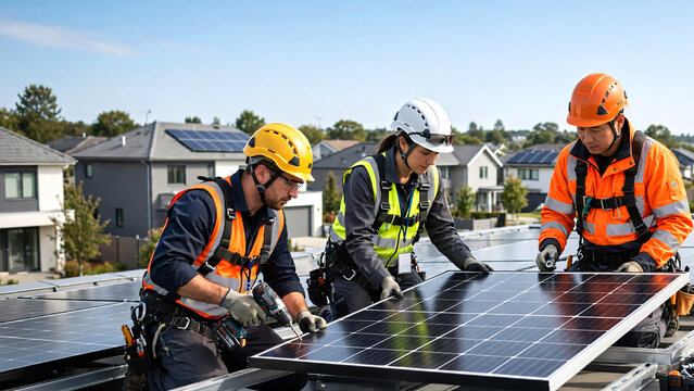 Skilled renewable energy workers assembling a residential solar panel system on a modern rooftop, technicians wearing safety helmets, harnesses, gloves, and reflective workwear.