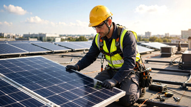A skilled solar technician installing a photovoltaic solar panel on a modern rooftop, wearing a safety helmet, gloves, safety harness, and reflective workwear, carefully positioning the panel.