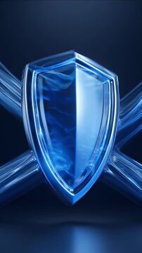 Cybersecurity shield with blue glow and abstract blue glass cross, transparent ring, liquid flow, dark background, sharp light contrast for data protection and network security