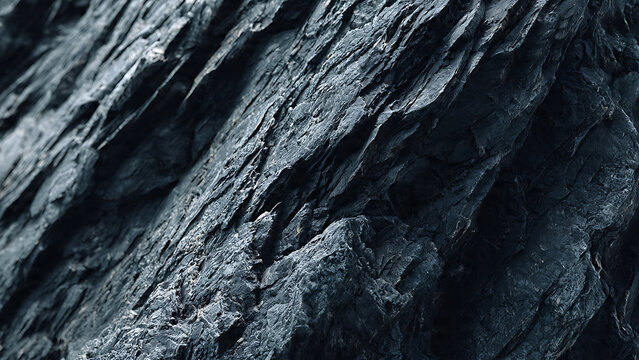 Extreme close-up of dark grey shale rock surface showing sharp jagged edges and sedimentary layers. High contrast natural texture with cold moody tones.
