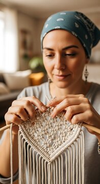 Woman Knitting Warm Wool Sweater in Cozy Home.