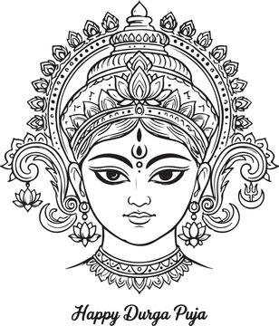 Goddess durga puja face vector illustration in black line art for indian religious fest.