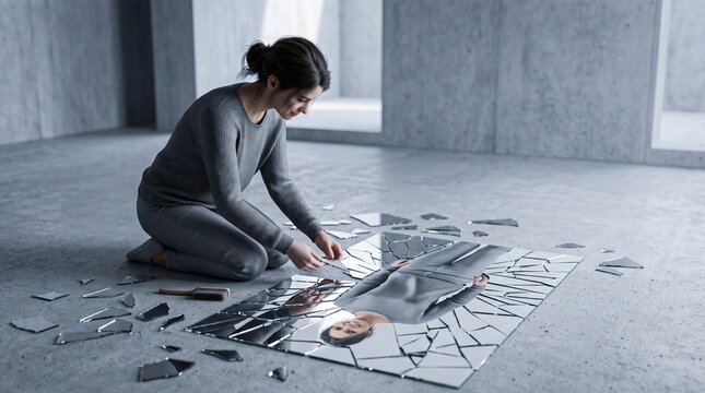 Woman sitting on floor picking up shattered mirror pieces with reflection