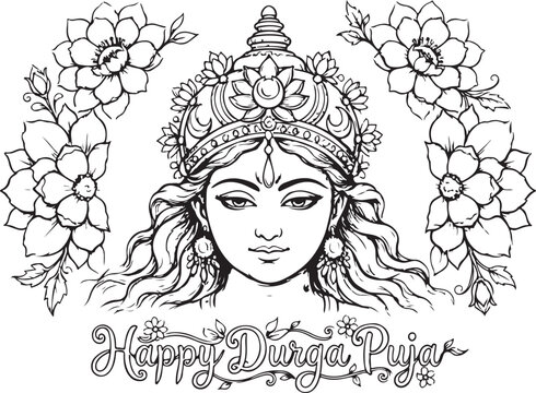 Happy durga puja decorative vector with floral elements and traditional goddess portrait.