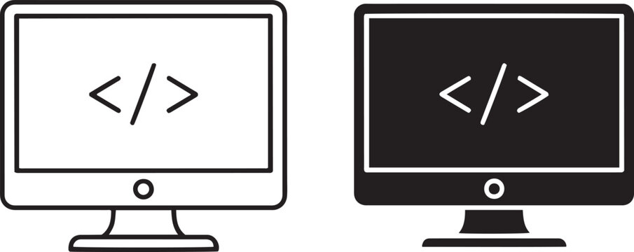 Programming code icon on computer monitor screen, web development vector illustration, software engineering and coding symbols for desktop display