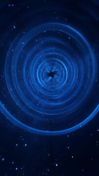 Blue Spiral Tunnel Cybersecurity Abstract Digital Vortex Starry Dark Background with Blue Concentric Ring Tunnel and Star Field Glow, Blue Digital Tunnel with Glowing Ring and Particle Stream