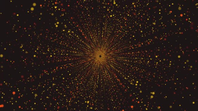 Golden and orange glowing particles explode outward from a central void in a cinematic cosmic starburst 3D animation loop for tech company hero sections