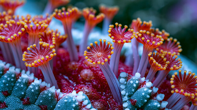 Asterias rubens tube foot array on starfish ambulacral groove exposed at extreme macro scale, suction disc terminus structure magnified, hydraulic water vascular podium extending at full length, pap