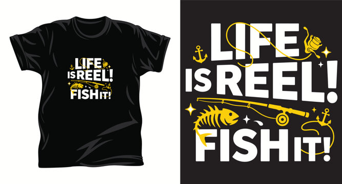 Life is reel fish it funny fishing quote t-shirt design with rod and bone illustration.