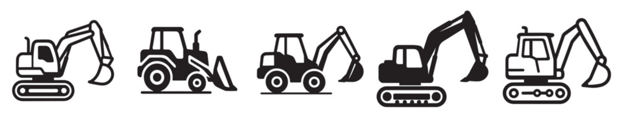 Fototapeta premium Heavy Equipment Icons Set, Construction Machinery Silhouette Vector