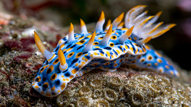 Chromodoris nudibranch cerata spines rising from mantle surface on encrusted subtidal rock, rhinophore sensory organ extended, gill plume unfurled, bryozoan encrustation providing textured foregroun
