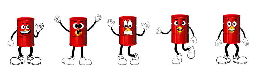 Naklejka premium Cute Red Oil Barrel Mascot Character Set Isolated on Transparent Background PNG