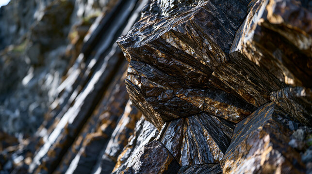 Columnar basalt formation cross-section revealed at cliff face, hexagonal cooling crack geometry in dramatic sidelight, volcanic geology, prismatic jointing pattern, igneous rock structure, geologic