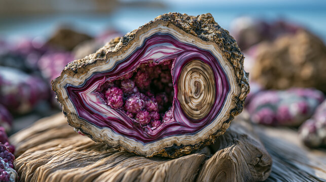 Coralline algae rhodolith free-living nodule cross-section exposing annual growth band record, calcium carbonate thallus architecture, encrusting coralline genus Lithothamnion surface texture, unatt