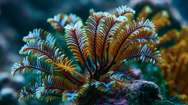 Crinoid Antedon bifida feathered arm pinnule array spread in current on reef substrate, ambulacral groove lining pinnule inner surface, tube foot tentacle extending for suspension feeding, echinoder