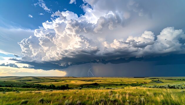 Dramatic sky over rolling green countryside landscape.