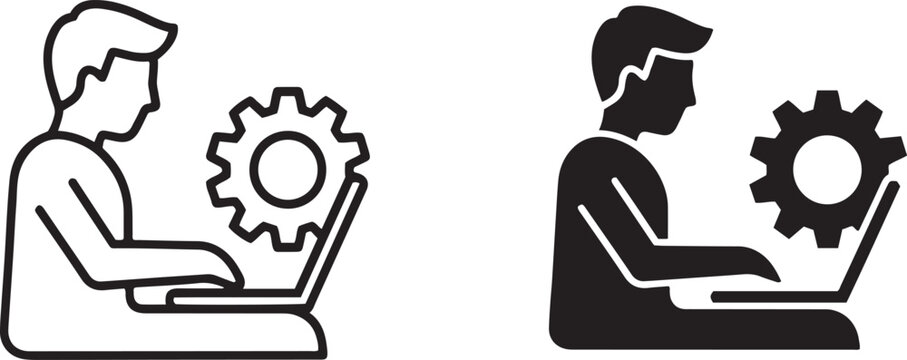 Minimalist software developer icons, programmer working on laptop with gear symbol, technical support and engineering vector set