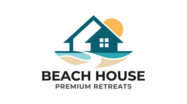 Beach house premium retreats logo design featuring sun and ocean waves.