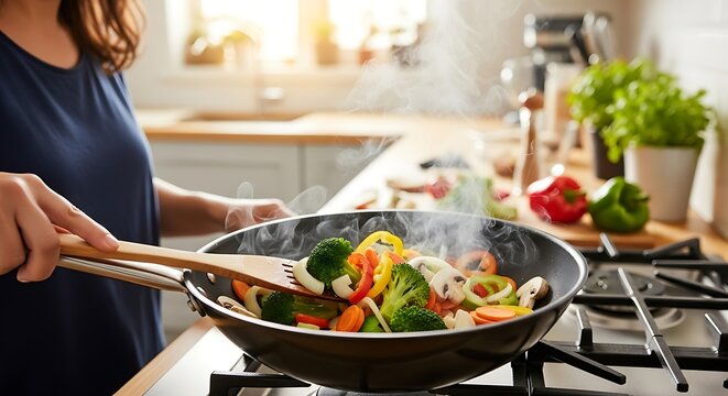 Healthy Vegetable Stir Fry Cooking in Modern Kitchen.