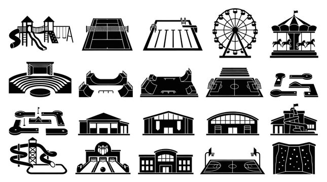 Recreation and Sports Facilities Black and White Glyph Icons Set - Leisure and Entertainment Venues