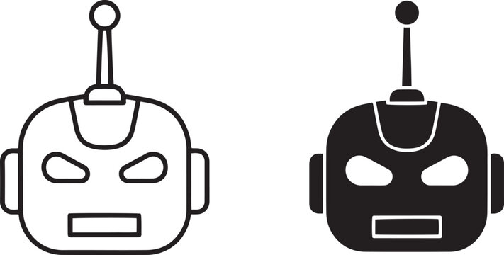 Retro robot head icons, vintage cyborg face vector set, minimalist mechanical droid character with antenna, black and white robotic technology symbols