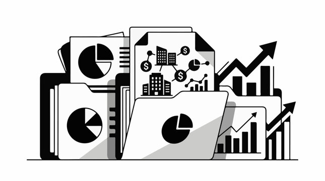 Business analytics with charts graphs and financial icons in folders