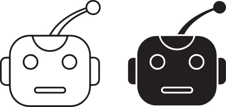 Minimalist robot head icon set, futuristic android face vector illustrations, black and white artificial intelligence bot symbols for tech UI design