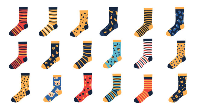 Colorful assortment of eighteen different patterned socks with stripes, dots, and animal faces in various bright colors.
