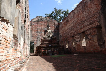 Fototapeta premium Ancient Buddha Statue in Ruined Temple: A serene Buddha statue sits at the heart of a crumbling ancient temple, its brick walls weathered by time.
