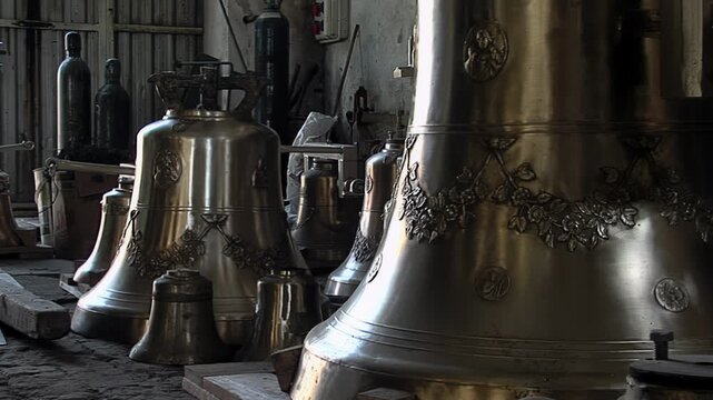 Multiple Completed Bronze Bells Inside Traditional Church Bell Foundry - 4K