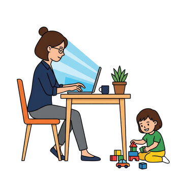 Freelance Mother Working on Laptop with Child Playing Floor Vector Illustration, home office career mom, remote work parenting lifestyle, multitasking vector.