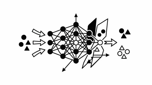 Abstract representation of a neural network processing data inputs into outputs