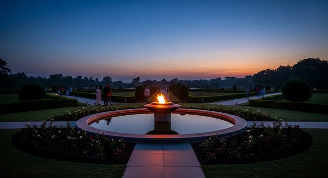 Serene Sunset View of Fountain in Elegant Garden.