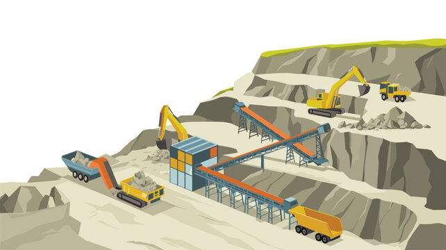 Industrial open pit mine landscape featuring excavators and conveyor belts transporting heavy stone materials in a quarry environment.