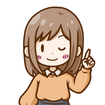 ウインクしながら指を立てる若い女性のイラスト｜アイデアを伝えるデフォルメ人物素材