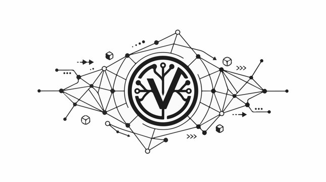 Abstract geometric network with central circular logo and data flow
