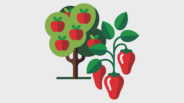 Minimalist vector illustration of a single apple tree with red fruits beside a lush bell pepper plant on a plain neutral gray background.