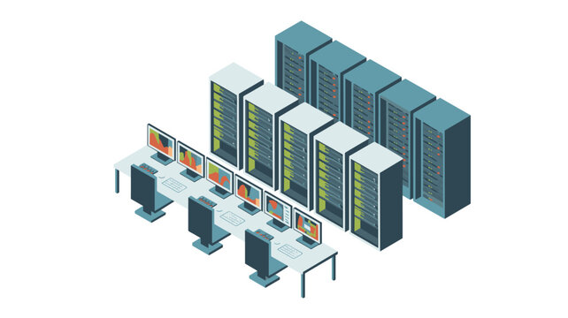 Isometric layout of a data center server aisle with multiple computing workstations, monitors showing charts, and server cabinets.