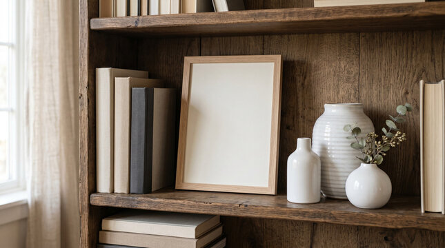 Wooden bookshelf with blank picture frame and ceramic vases.