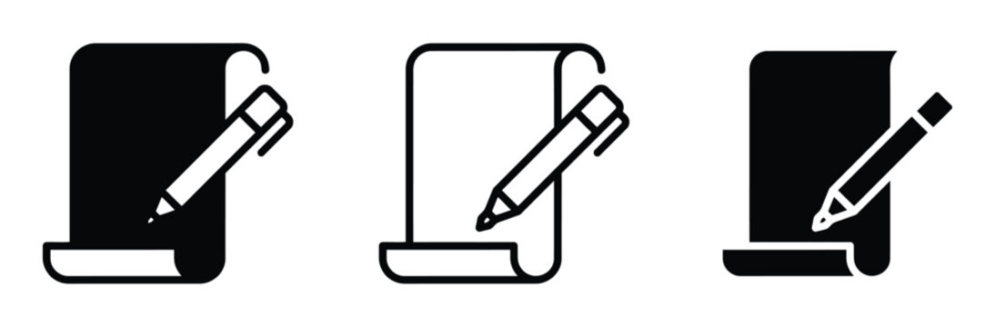 WebPaper scroll with pen icon set in flat line and glyph vector illustration styles. Document signing, contract agreement, writing note, and author manuscript symbol for business, education, and legal