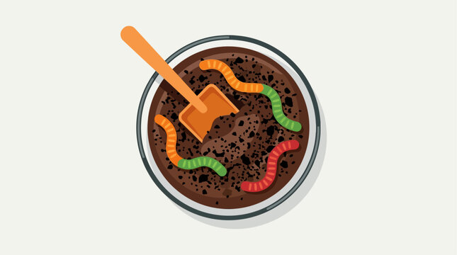 An appetizing flat design illustration showcasing a classic "worms in dirt" dessert, complete with chocolate pudding, crushed cookies, and gummy worms in a clear glass.