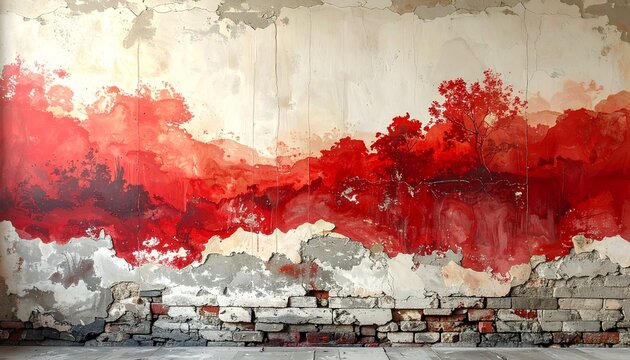 Rough aged plaster wall with a faded red abstract fresco painting and exposed brick