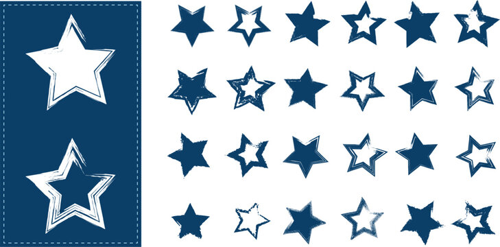 Blue Grunge Star Brush Stroke Collection, Hand Drawn Distressed Star Shapes, Artistic Paint Brush Icons, Rough Outline Star Elements, Modern Decorative Graphic Assets Bundle