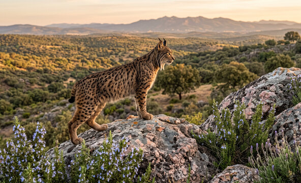 Iberian lynx standing confidently on a granite outcrop overlooking the Mediterranean scrubland of southern Spain.