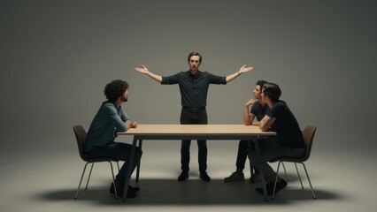 Obraz premium Three young professional colleagues discussing ideas during a meeting with a male leader gesturing with open hands in a minimalist studio setting with dramatic lighting and copy space