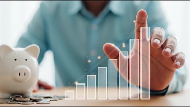 A business professional&rsquo;s hand pointing upward at a growing bar graph while a piggy bank sits nearby on a wooden desk.