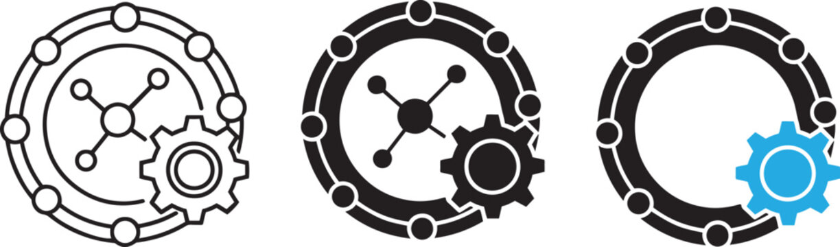Data processing icons with gear and molecule symbols, technical automation vector set, digital engineering and network management graphics