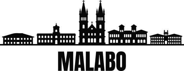 Malabo skyline silhouette featuring landmark cathedral and historic architecture above bold black capital text for travel themes and city © Pappu0099