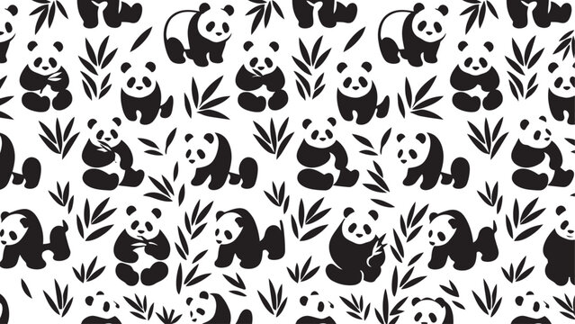 Black and white seamless pattern with cute cartoon pandas and bamboo leaves illustration. Flat vector illustration EPS 10.